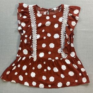 THML Rust Orange Polka Dot Peplum Top Ruffle Sleeve Crochet Trim Small WCT687-ST
